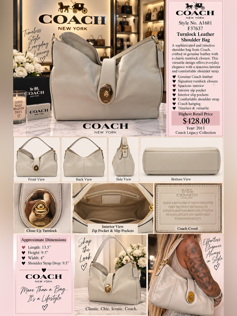 Coach Madison Carlyle Smooth Cream Leather Gold turnlock (2011) - Picture 3 of 4